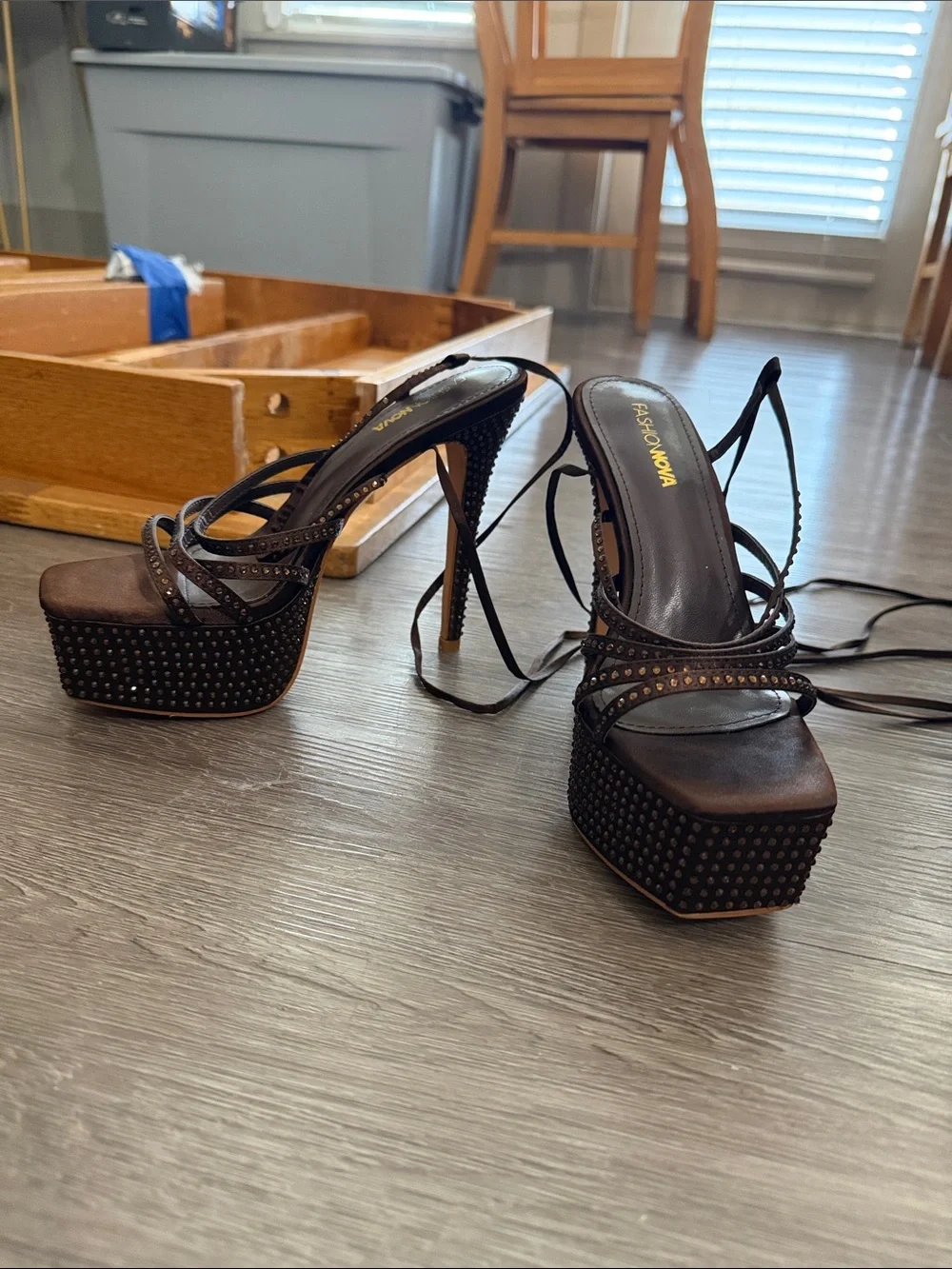 Brown Studded Lace-Up Platform Sandals